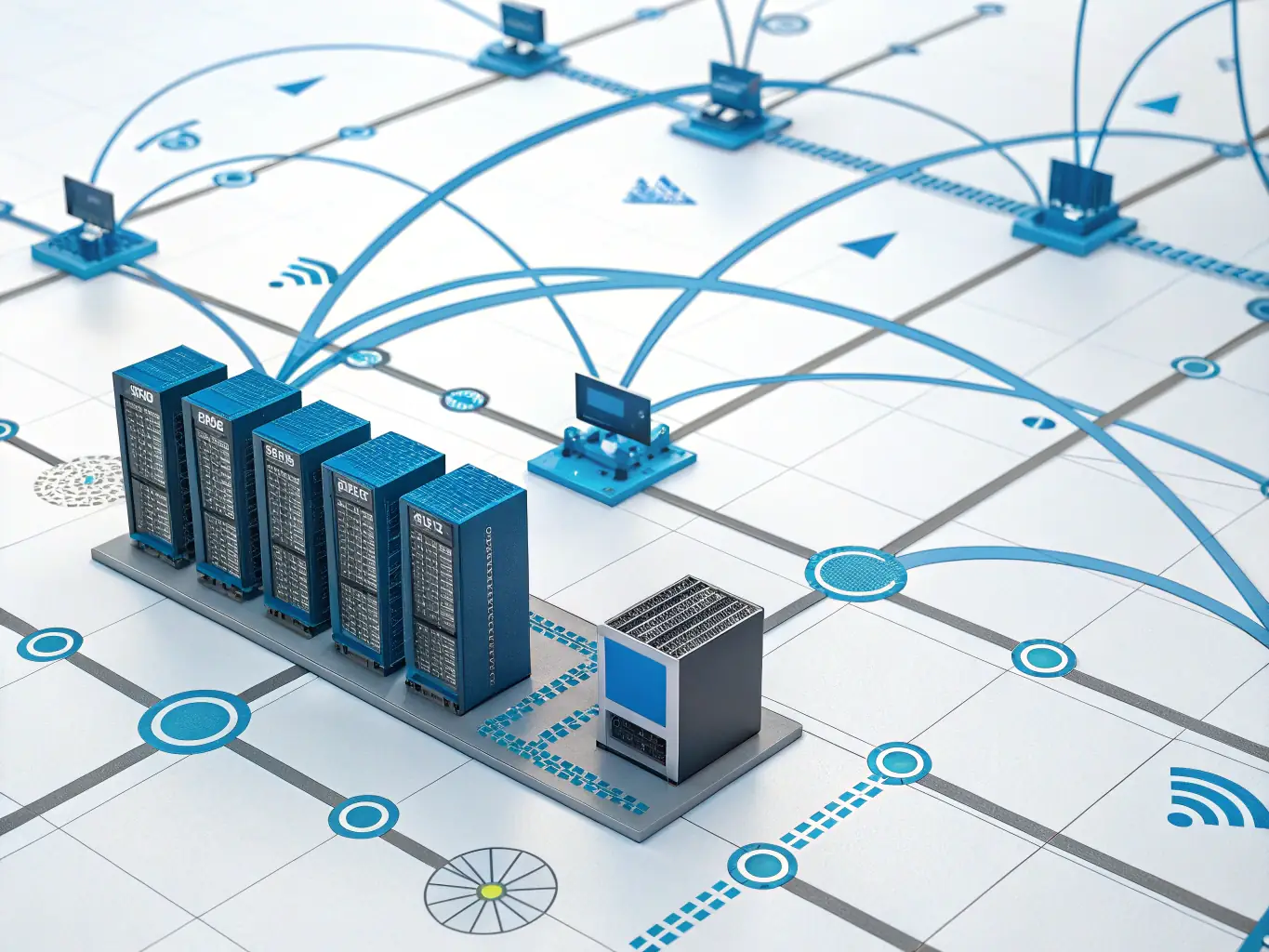 An illustration depicting Neuro Routing Manager's ability to efficiently scale Genesys Cloud resources, showcasing its modular design and flexible routing structures.